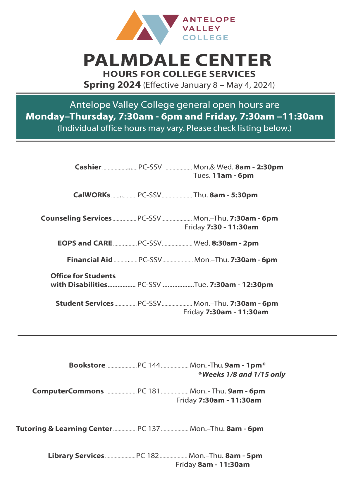 Services Hours Antelope Valley College